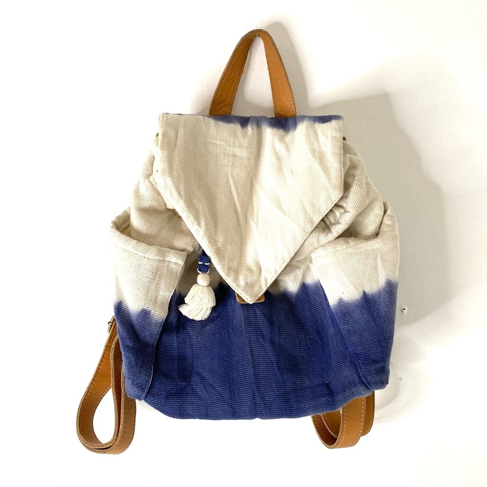 Mercado Global Handwoven Guatemala Backpack Ivory Blue Cotton Boho Knapsack